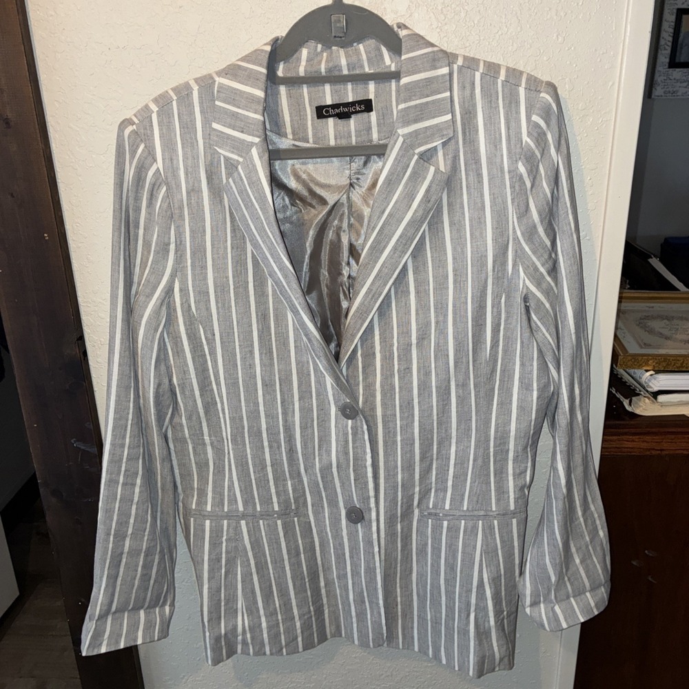 Vtg Chadwicks Linen BlendBlazer Women 14 Gray White Striped Preppy Office Yacht